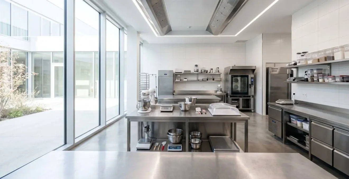 Vue en grand angle d'un laboratoire de pâtisserie contemporain et vide dans un hôtel haut de gamme avec des plans de travail en acier inoxydable impeccables et une grande fenêtre diffusant une lumière naturelle abondante