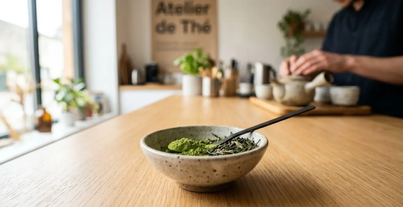 Gros plan serré sur de la poudre de matcha d'un vert éclatant disposée à côté de feuilles de thé vert sencha entières sur une surface blanche immaculée avec une lumière naturelle latérale