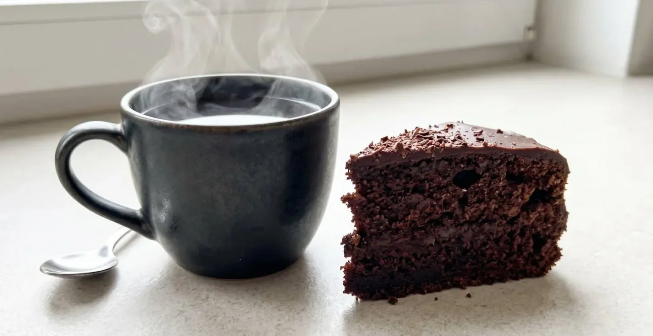 Gros plan extrême sur une tasse en céramique blanche contenant du thé fumant posée à côté d'une part de gâteau au chocolat noir, vapeur s'élevant délicatement, arrière-plan flouté avec bokeh doux, surface moderne claire