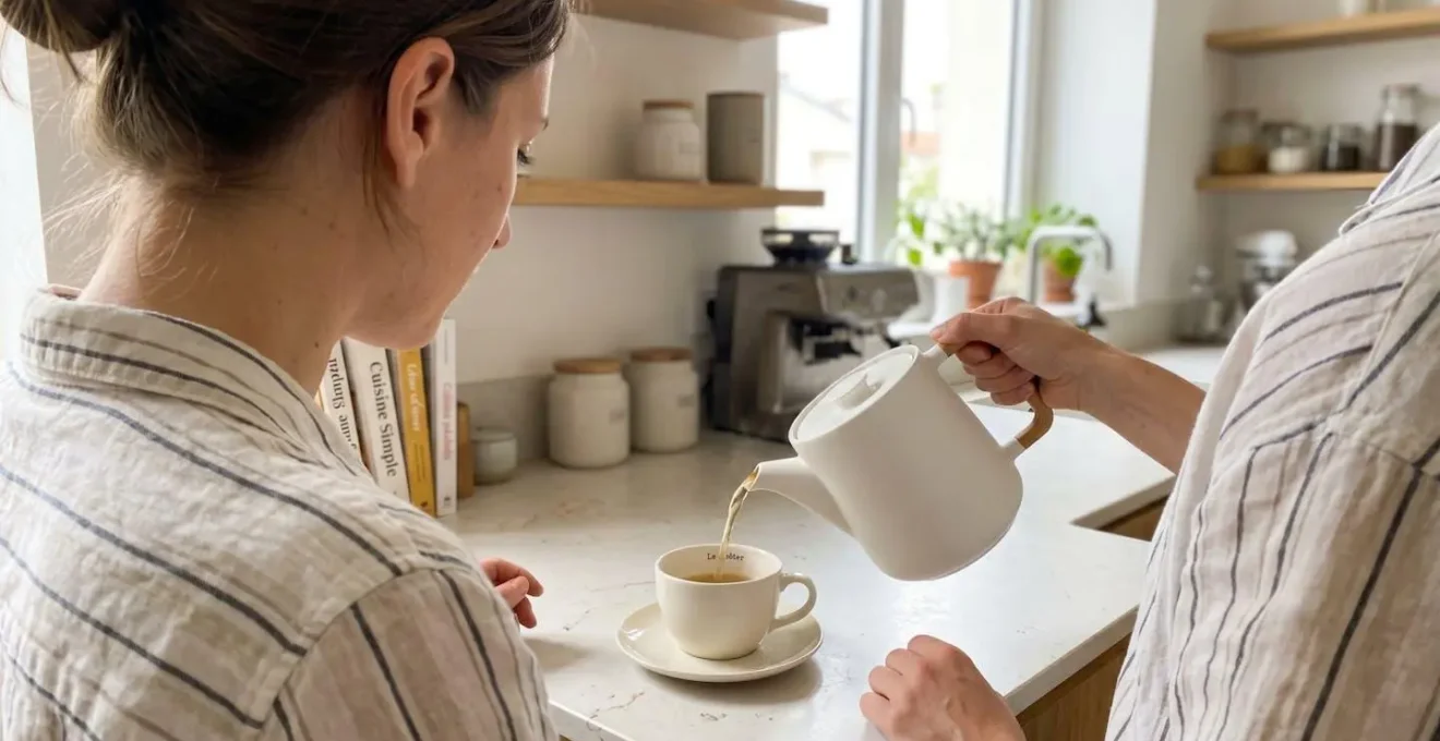 Mains féminines versant délicatement du thé d'une théière contemporaine blanche dans une tasse en porcelaine, cadrage en vue de profil rapproché, geste naturel et précis, plan de travail de cuisine moderne épuré, lumière naturelle douce