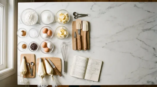 Vue aérienne d'un plan de travail de pâtisserie organisé avec ingrédients pré-pesés dans des ramequins et ustensiles disposés méthodiquement