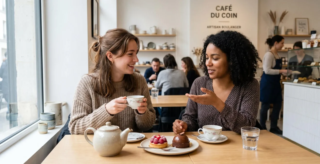 Deux personnes vues de trois-quarts partageant des pâtisseries raffinées et une théière sur une table contemporaine dans un intérieur lumineux, instant naturel sans pose