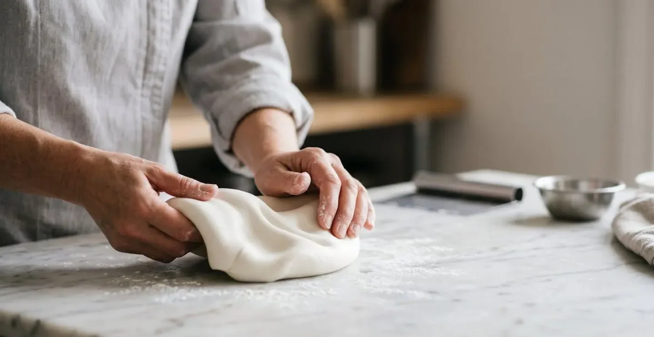 Mains d'artisan pâtissier pétrissant délicatement une pâte à sucre blanc ivoire sur un plan de travail propre, texture soyeuse et élastique visible
