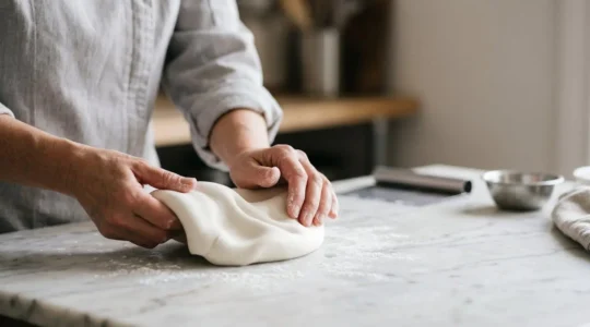 Mains d'artisan pâtissier pétrissant délicatement une pâte à sucre blanc ivoire sur un plan de travail propre, texture soyeuse et élastique visible