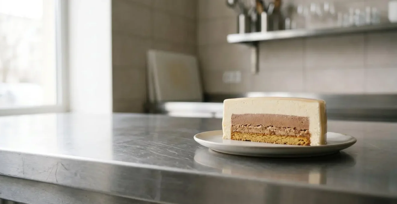 Entremets pâtissier fraîchement préparé avec des couches distinctes de crème et biscuit, présenté sur une surface professionnelle