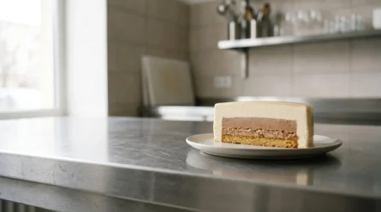 Entremets pâtissier fraîchement préparé avec des couches distinctes de crème et biscuit, présenté sur une surface professionnelle