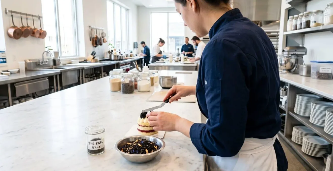 Vue par-dessus l'épaule d'une pâtissière préparant un entremet élégant dans une cuisine contemporaine lumineuse avec des feuilles de thé en vrac disposées sur le plan de travail