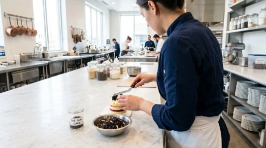 Vue par-dessus l'épaule d'une pâtissière préparant un entremet élégant dans une cuisine contemporaine lumineuse avec des feuilles de thé en vrac disposées sur le plan de travail