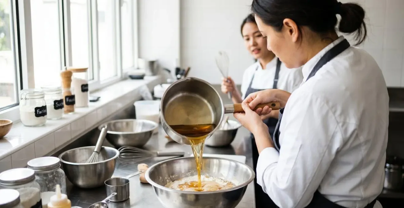 Une pâtissière en veste blanche verse une infusion de thé dorée dans un bol en inox sur un plan de travail professionnel