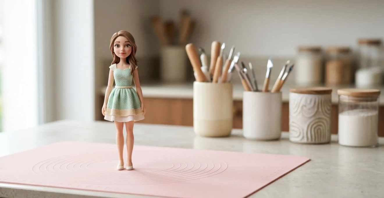 Figurine en pâte à sucre avec des traits de visage expressifs et proportionnés posée sur un plan de travail de pâtisserie