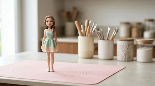 Figurine en pâte à sucre avec des traits de visage expressifs et proportionnés posée sur un plan de travail de pâtisserie