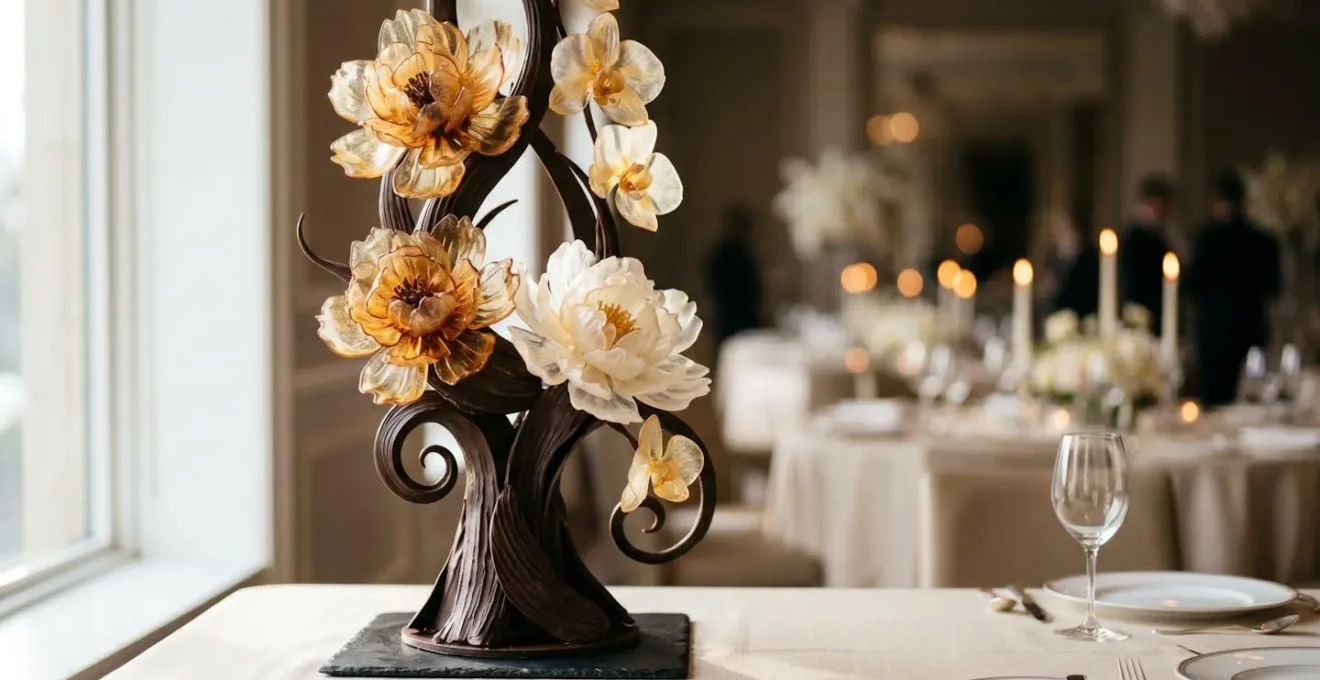 Sculpture élégante en sucre soufflé translucide pour événement gastronomique haut de gamme