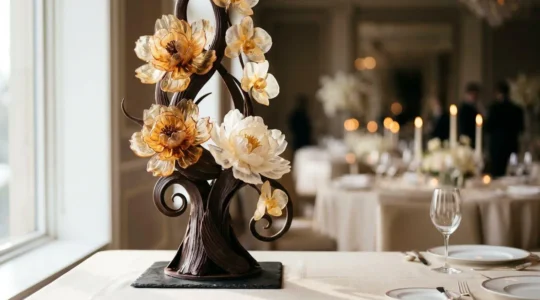Sculpture élégante en sucre soufflé translucide pour événement gastronomique haut de gamme