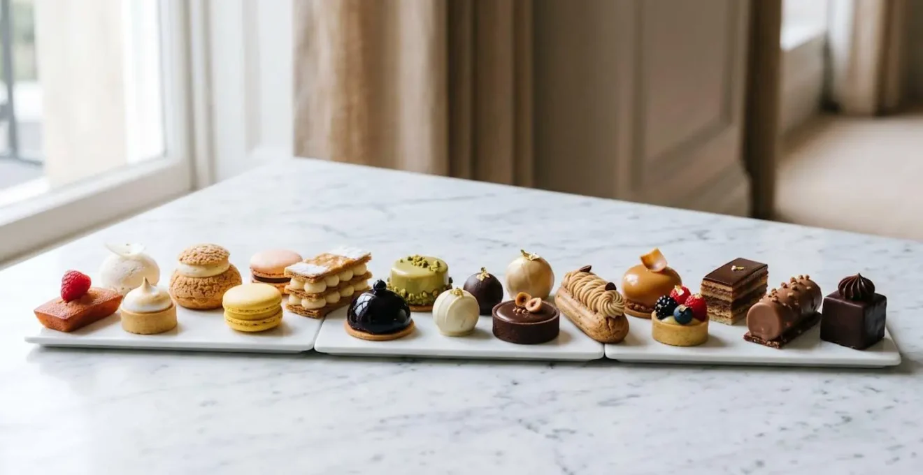 Plateau de pâtisseries variées présentant un équilibre harmonieux de couleurs et de textures pour une réception élégante