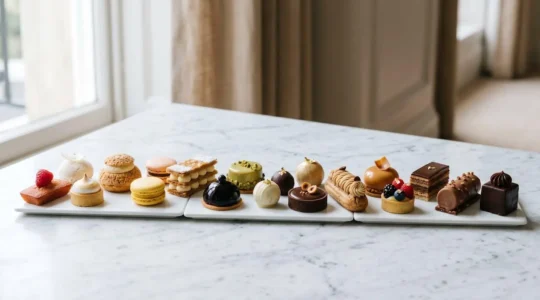 Plateau de pâtisseries variées présentant un équilibre harmonieux de couleurs et de textures pour une réception élégante