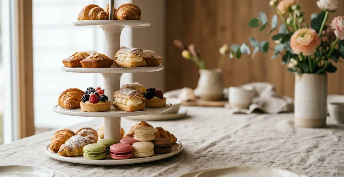 Présentoir à pâtisserie à plusieurs niveaux avec macarons et pâtisseries fines, créant un équilibre visuel harmonieux
