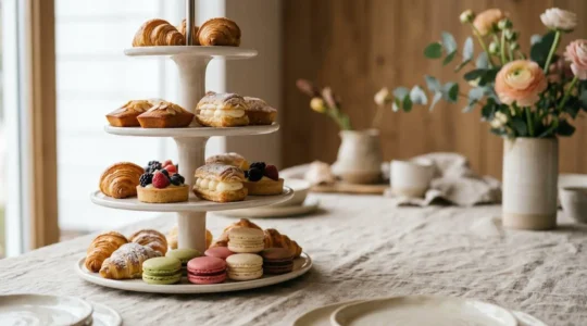 Présentoir à pâtisserie à plusieurs niveaux avec macarons et pâtisseries fines, créant un équilibre visuel harmonieux