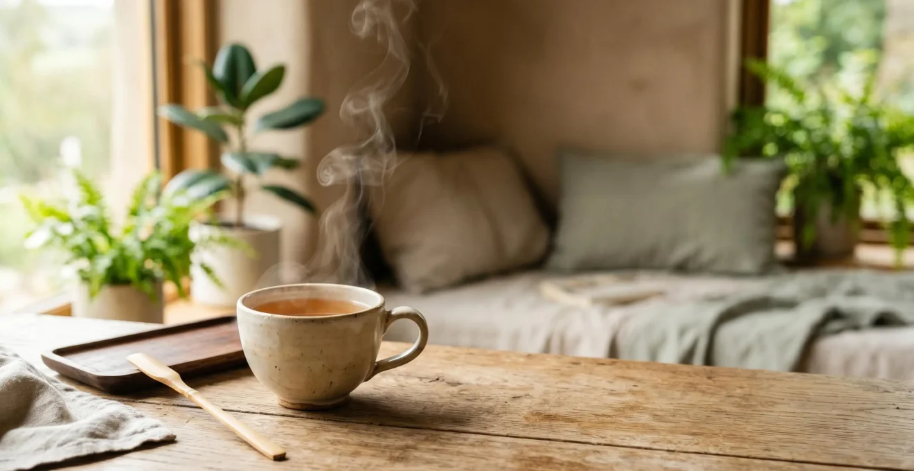 Tasse de thé fumant posée sur une surface en bois naturel dans un espace calme et minimaliste