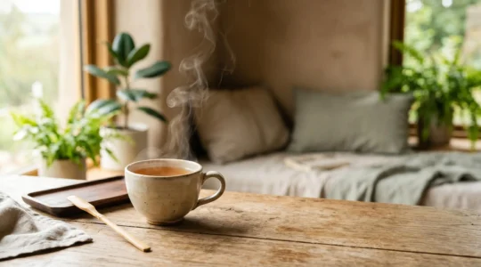 Tasse de thé fumant posée sur une surface en bois naturel dans un espace calme et minimaliste