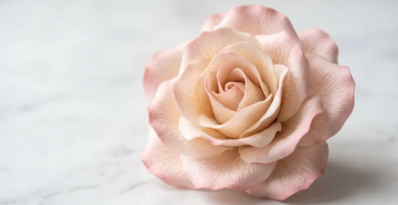 Gros plan extrême sur une rose en pâte à fleurs avec nervures détaillées et dégradé de couleur subtil