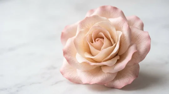 Gros plan extrême sur une rose en pâte à fleurs avec nervures détaillées et dégradé de couleur subtil