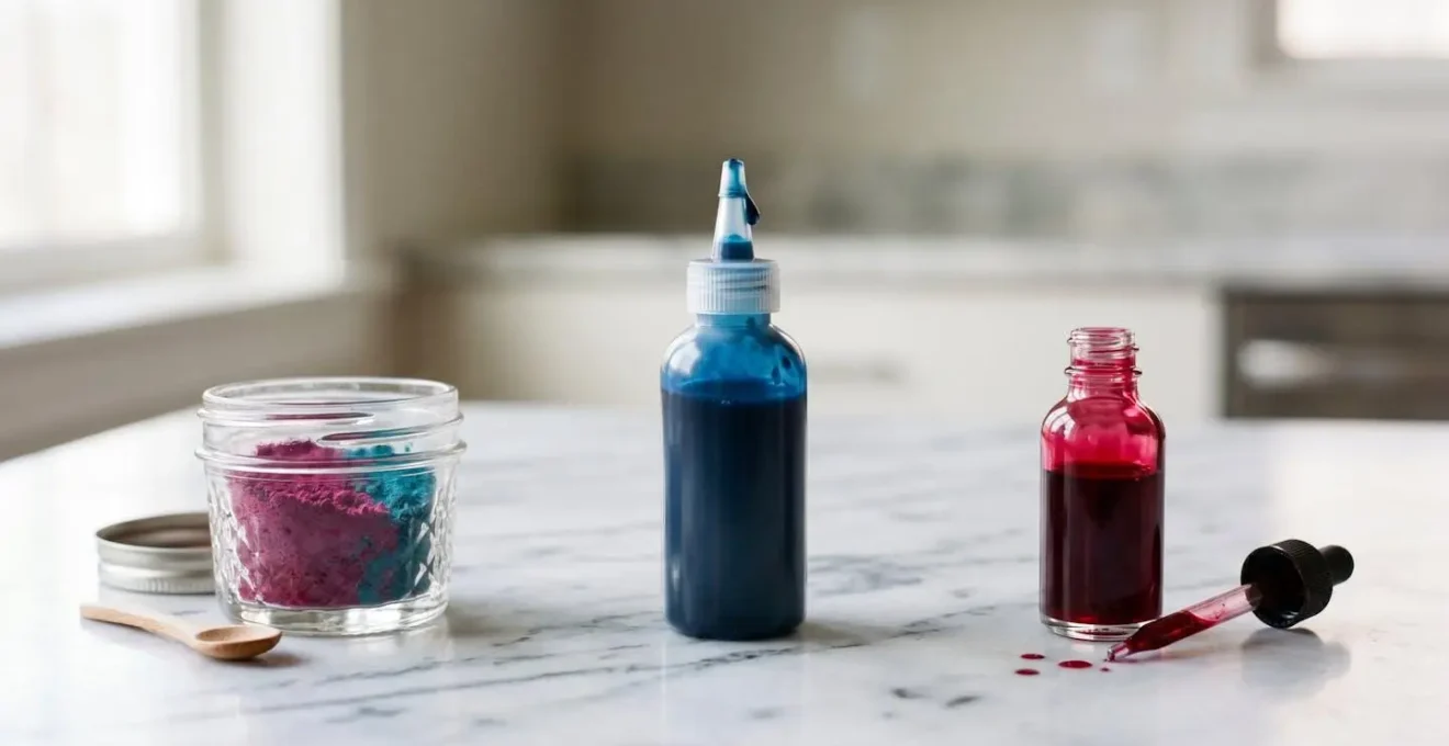 Arrangement de colorants alimentaires pour pâtisserie présentant différentes formes : gel, poudre et liquide