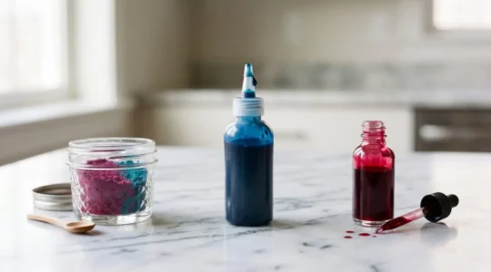Arrangement de colorants alimentaires pour pâtisserie présentant différentes formes : gel, poudre et liquide