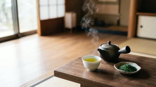 Sencha japonais premium avec vapeur délicate et feuilles vertes dans une théière kyusu traditionnelle