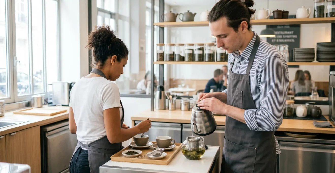 Un serveur prépare un service de thé dans un espace de préparation moderne de restaurant