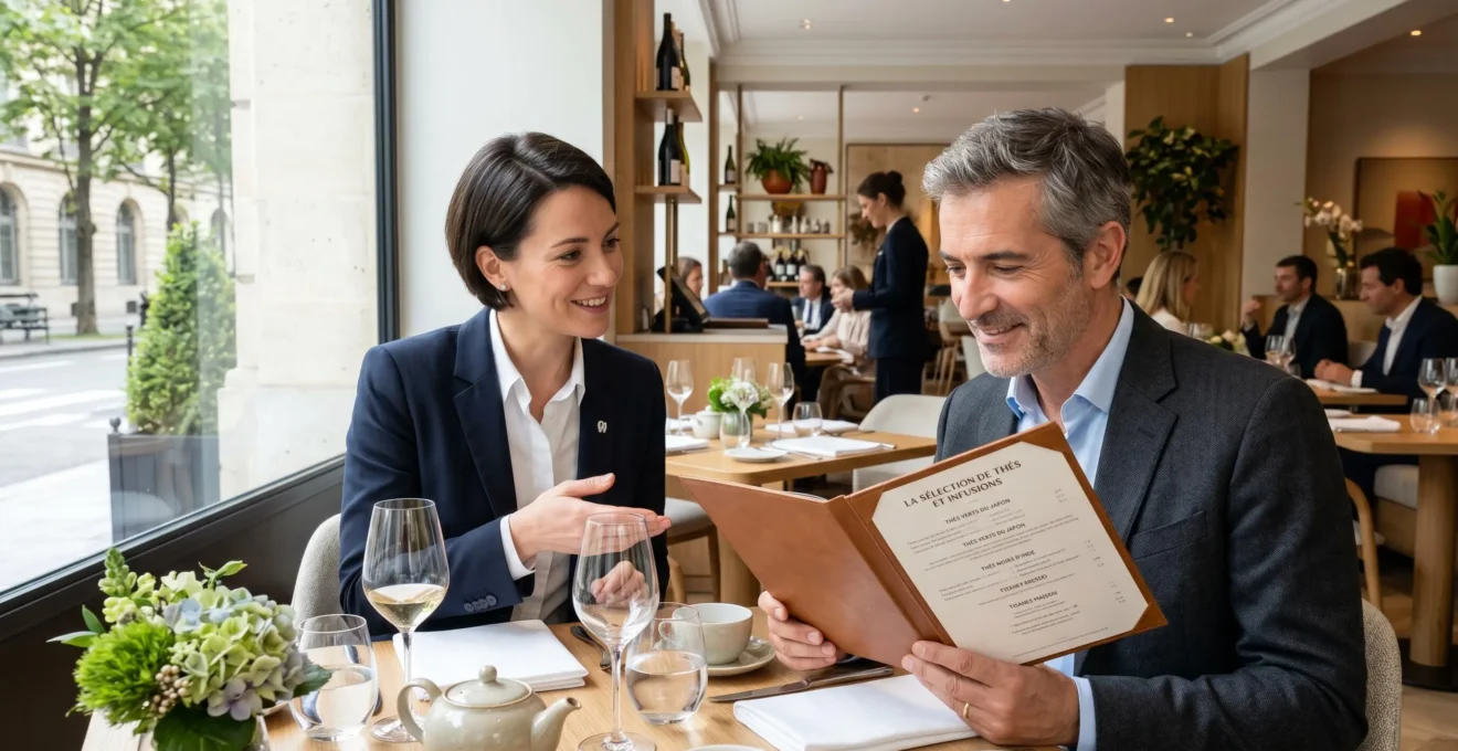 Un sommelier présente discrètement la carte des thés à un client dans un restaurant contemporain lumineux