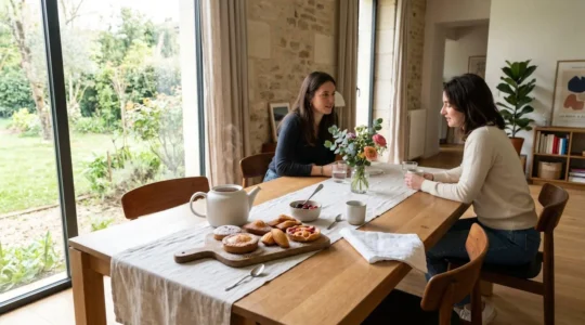 Table contemporaine élégamment dressée avec service à thé moderne, théière blanche, tasses en porcelaine et assortiment de desserts maison disposés sur un plateau en bois clair, lumière naturelle de fenêtre