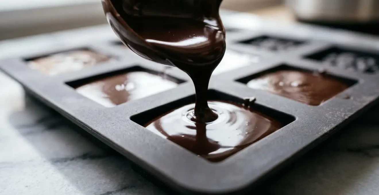 Chocolat noir tempéré coulant dans un moule à bonbons professionnel avec surface brillante et miroir parfait