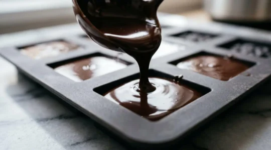 Chocolat noir tempéré coulant dans un moule à bonbons professionnel avec surface brillante et miroir parfait