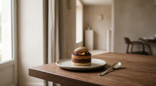 Dégustation contemplative d'un dessert gastronomique dans une ambiance sensorielle immersive