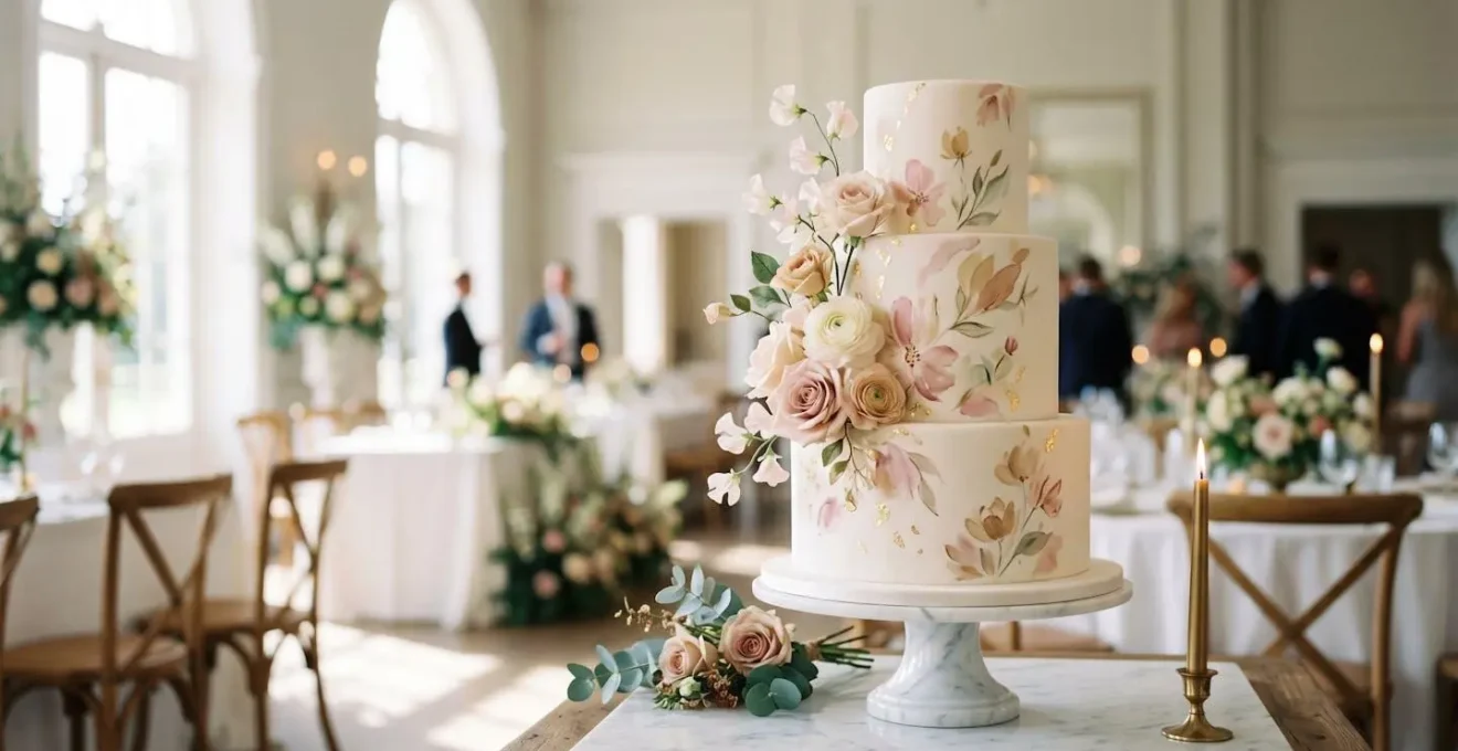 Gâteau de mariage élégant à trois étages avec détails personnalisés racontant l'histoire d'un couple