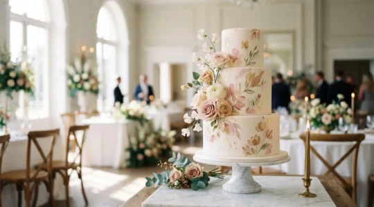 Gâteau de mariage élégant à trois étages avec détails personnalisés racontant l'histoire d'un couple