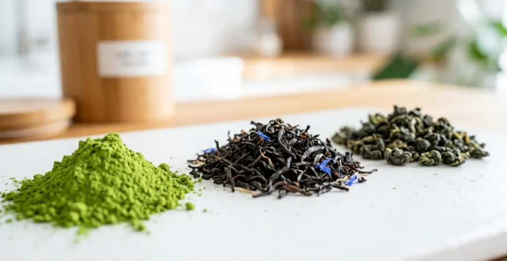 Gros plan sur trois variétés de thé haut de gamme : poudre de matcha vert vif, feuilles d'Earl Grey et feuilles d'Oolong roulées disposées sur une surface en céramique blanche Gros plan sur trois variétés de thé haut de gamme : poudre de matcha vert vif, feuilles d'Earl Grey et feuilles d'Oolong roulées disposées sur une surface en céramique blanche