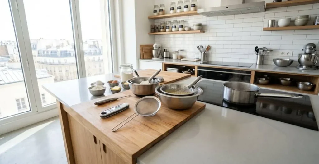 Plan large d'un plan de travail de pâtisserie moderne avec thermomètre de cuisine, passoire fine en inox, bols de préparation et casserole sur plaque à induction Plan large d'un plan de travail de pâtisserie moderne avec thermomètre de cuisine, passoire fine en inox, bols de préparation et casserole sur plaque à induction